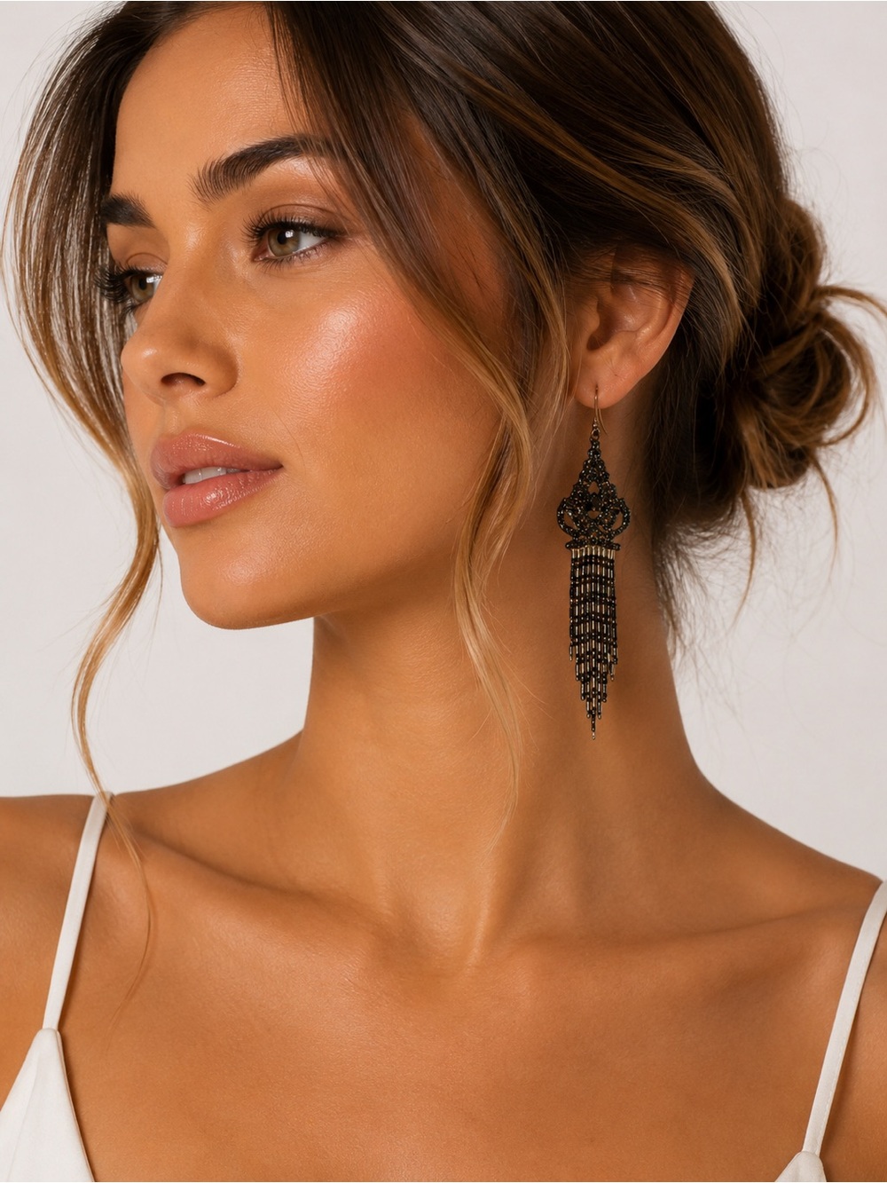 Black Crystal Chain Fringe Earrings Dramatic Evening Goth Glam